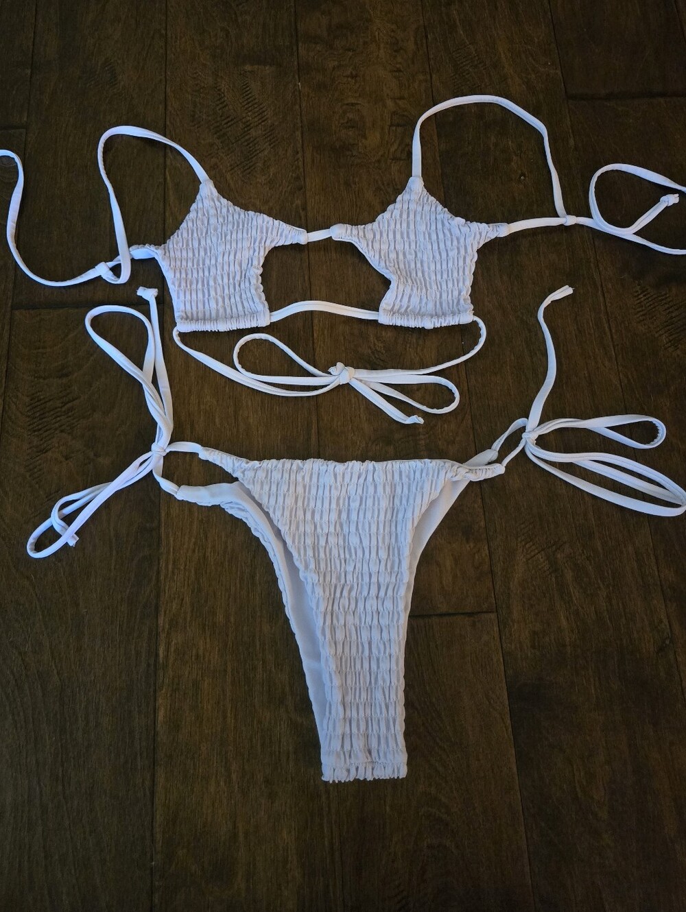 SHEIN White Ruffled Smocked Tie-Side Bikini Size Small